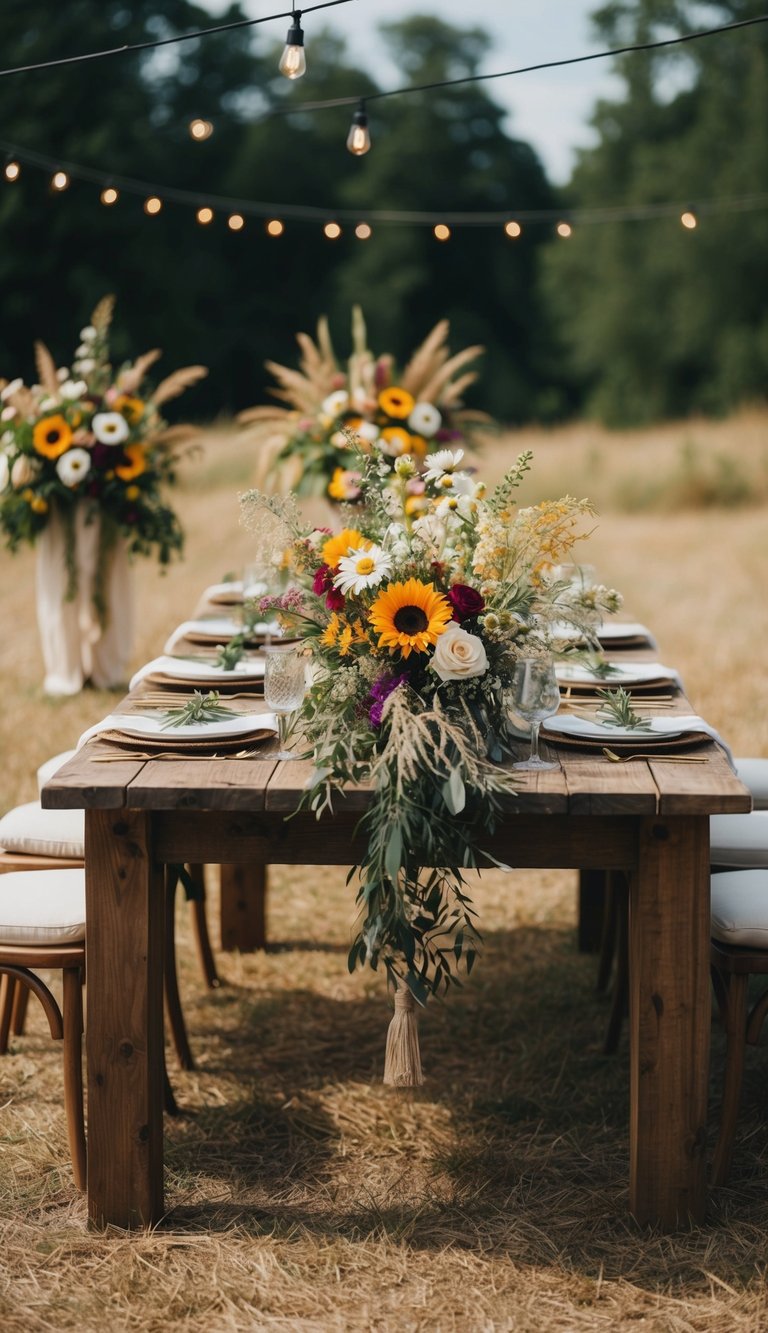 A rustic wooden table adorned with wildflower centerpieces and bohemian decor for a laid-back wedding celebration