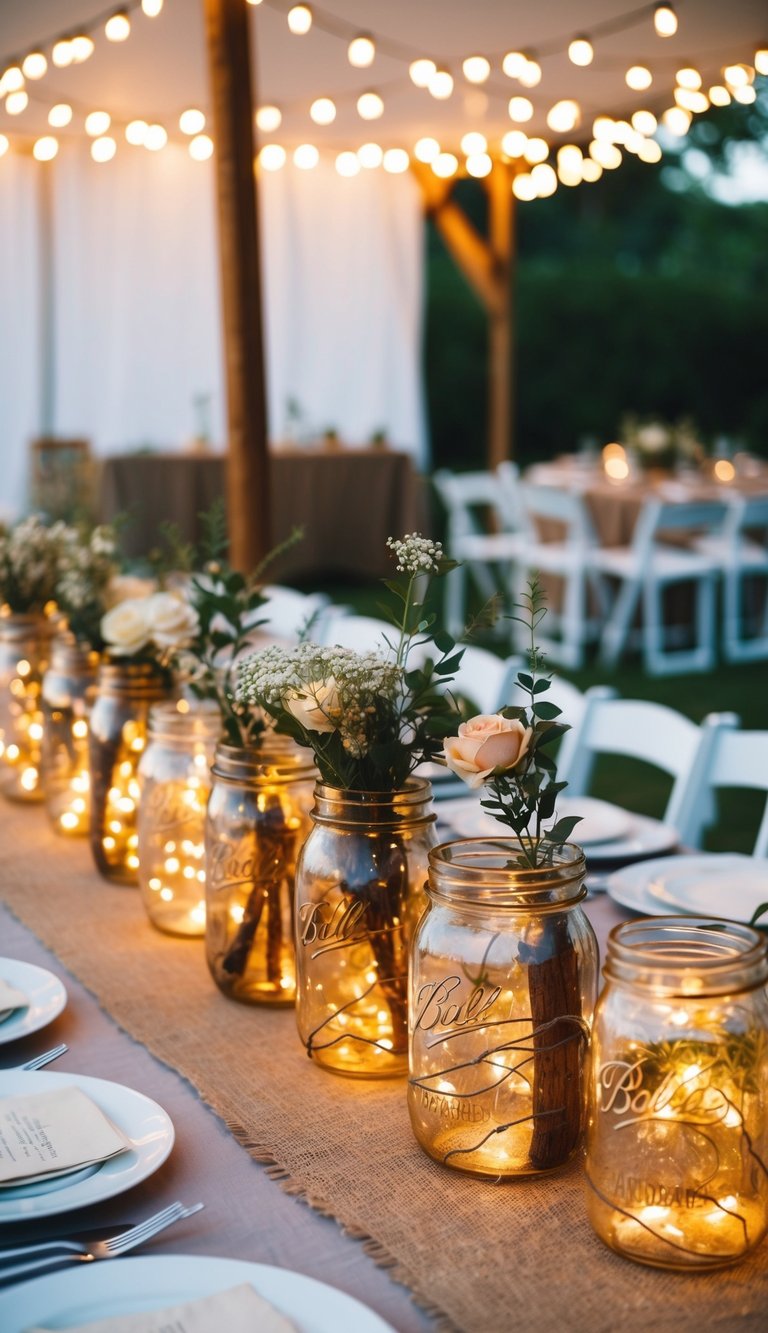 A table adorned with rustic jars filled with string lights, creating a warm and inviting ambiance for a laid-back boho wedding celebration