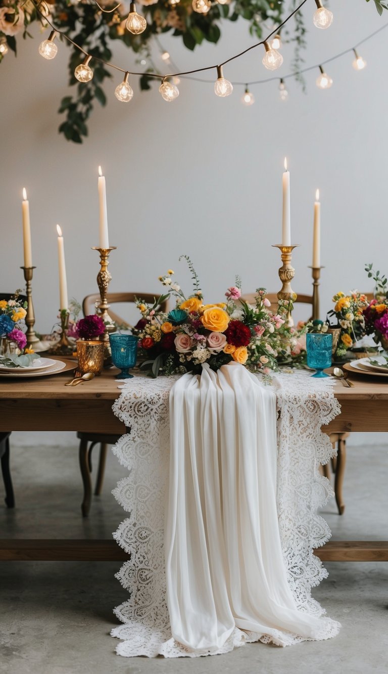 A lace tablecloth drapes over a wooden table adorned with bohemian wedding decor, including colorful flowers, vintage candle holders, and eclectic tableware