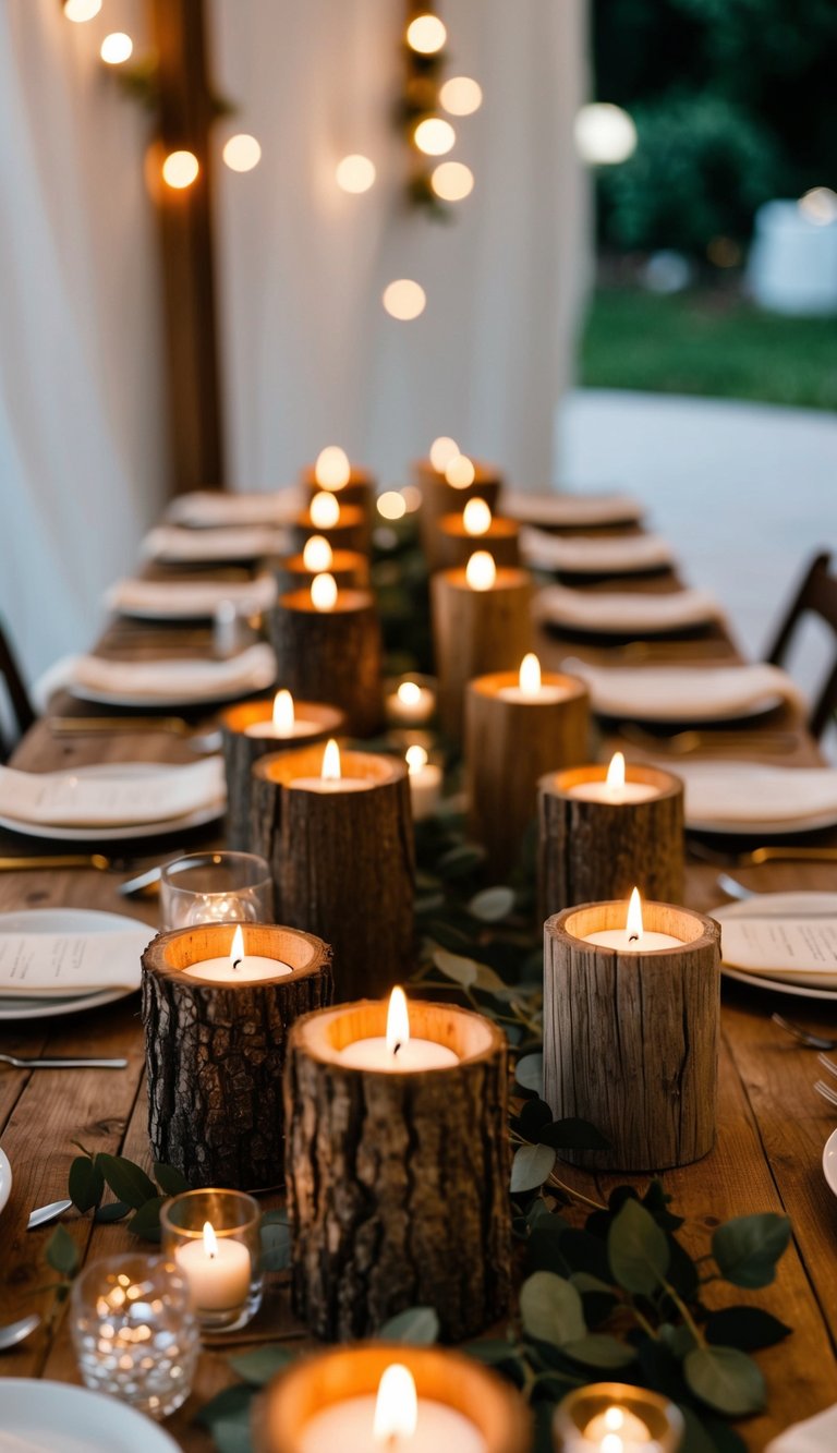 A table set with 12 rustic wooden candle holders, creating a boho wedding atmosphere