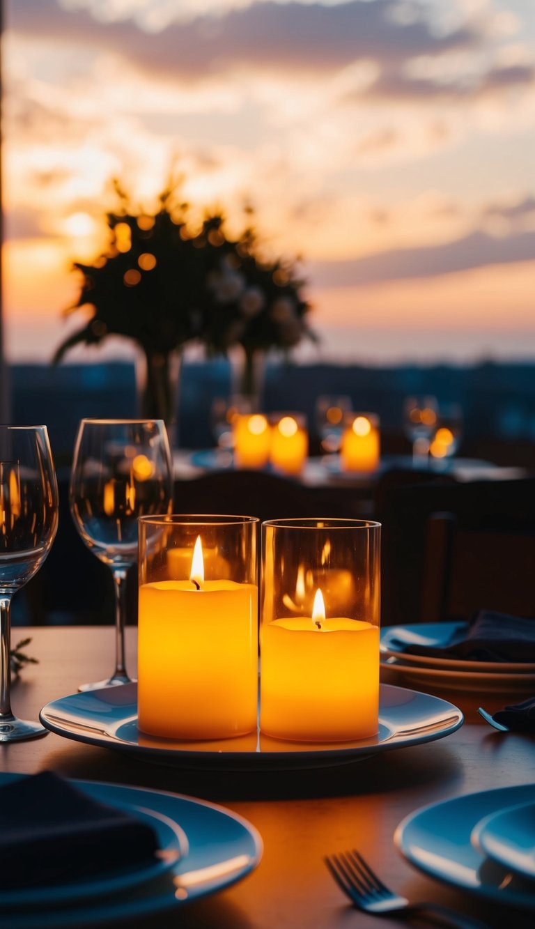 A glowing candlelit centerpiece illuminates a table set for two, casting a warm and romantic ambiance over the intimate dinner setting