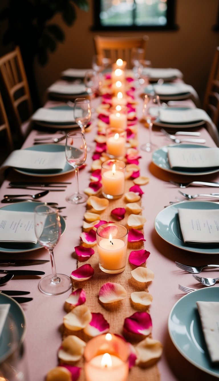 A table set for an intimate dinner, with a delicate table runner made of rose petals, softly lit by candlelight