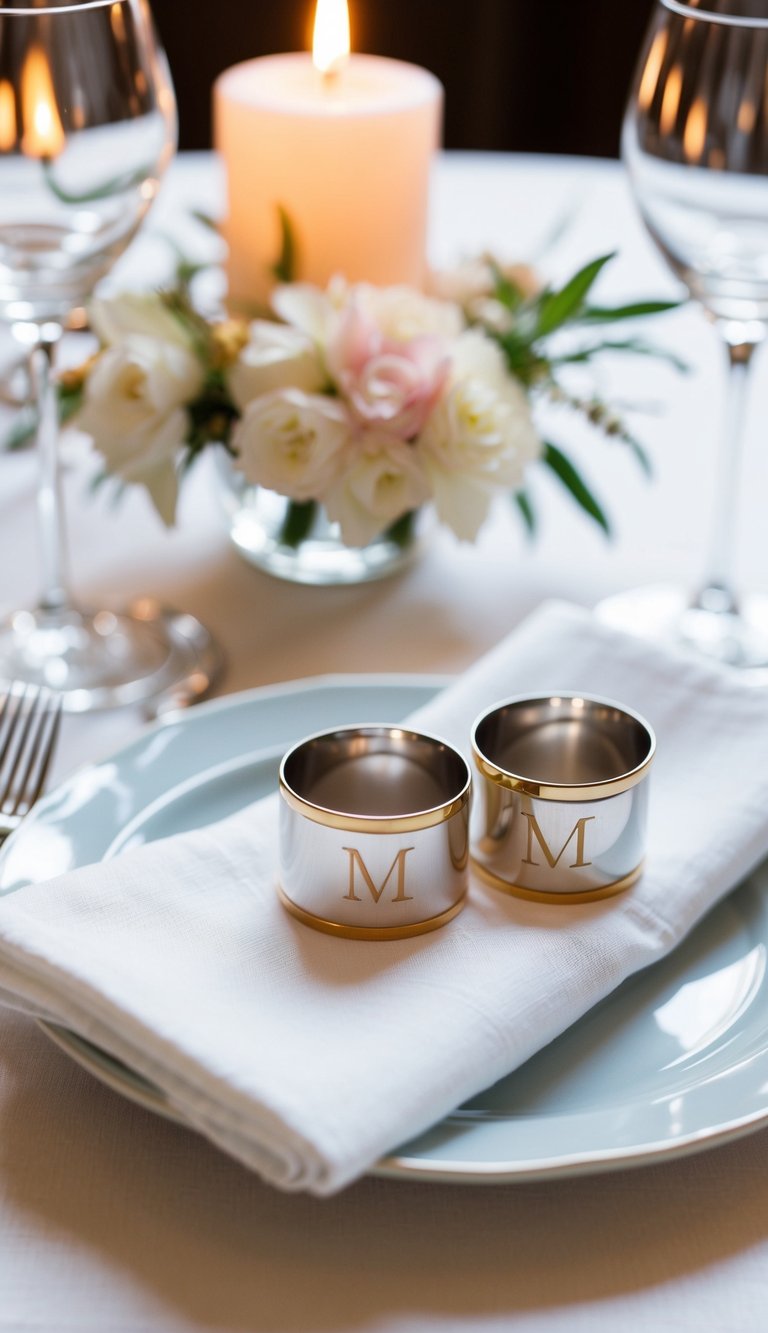 Two elegant napkin rings with personalized initials sit atop a white linen napkin on a beautifully set table for two. A flickering candle and a delicate floral centerpiece complete the romantic ambiance