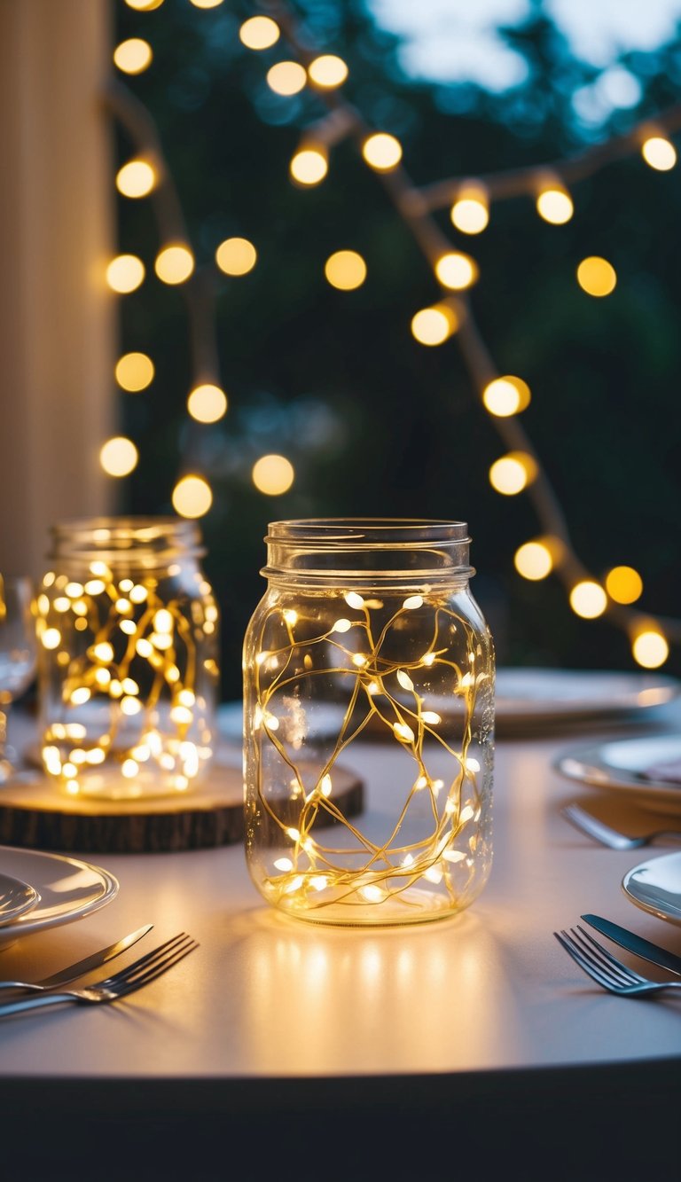 Fairy lights twinkle inside glass jars, casting a warm and romantic glow over a table set for two