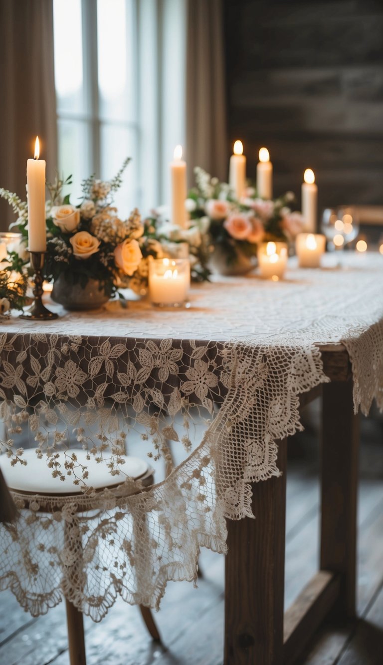 A lace tablecloth drapes over a rustic wooden table, adorned with flickering candlelight and delicate floral arrangements, creating a romantic and intimate setting for two