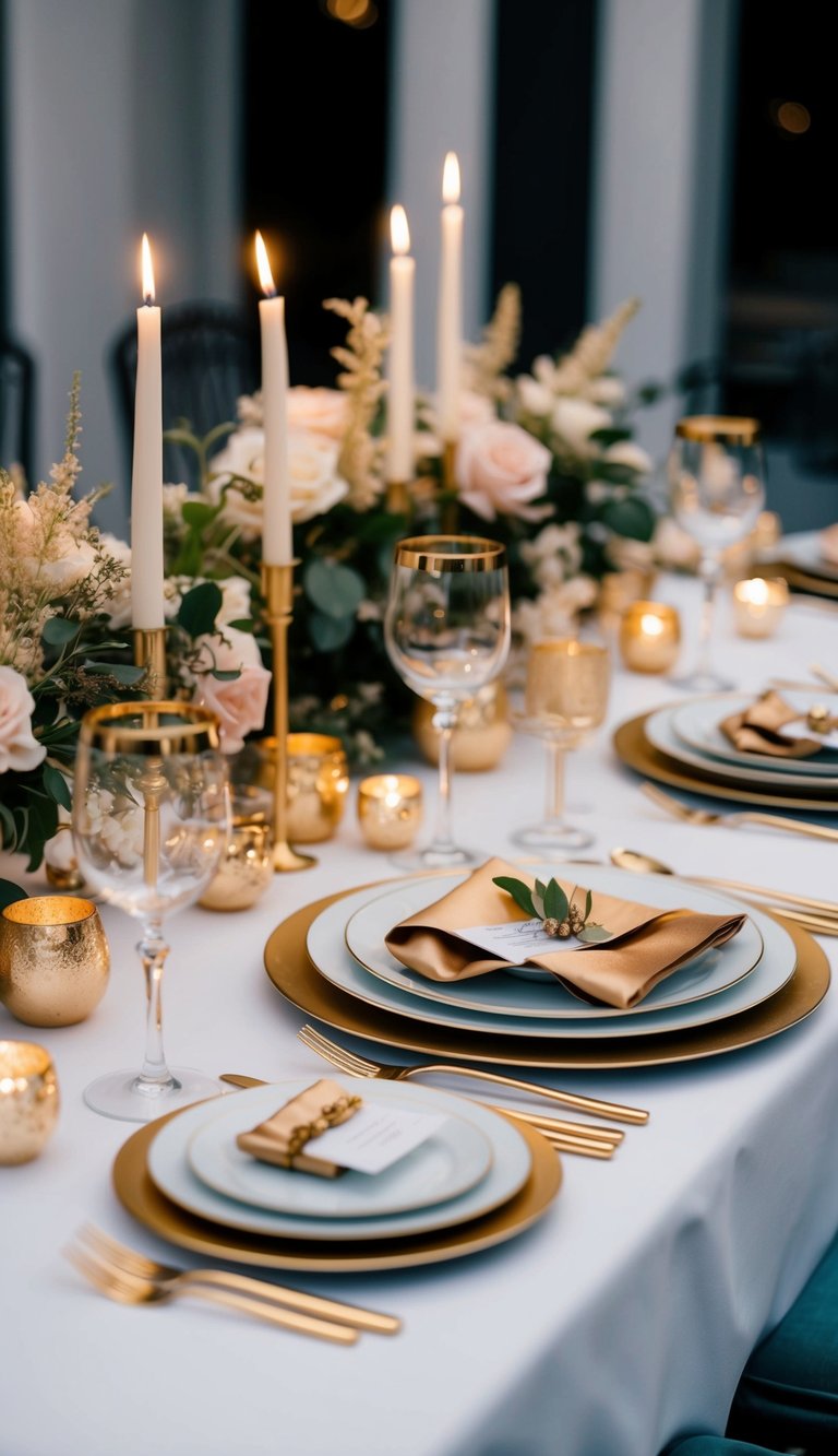 A table set with elegant gold tone cutlery, adorned with romantic decor for an intimate dinner for two