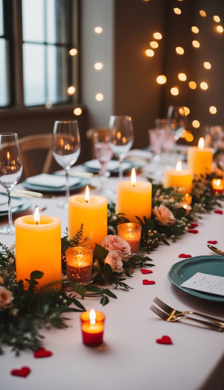 A table set with flickering candles, delicate flowers, and scattered love notes