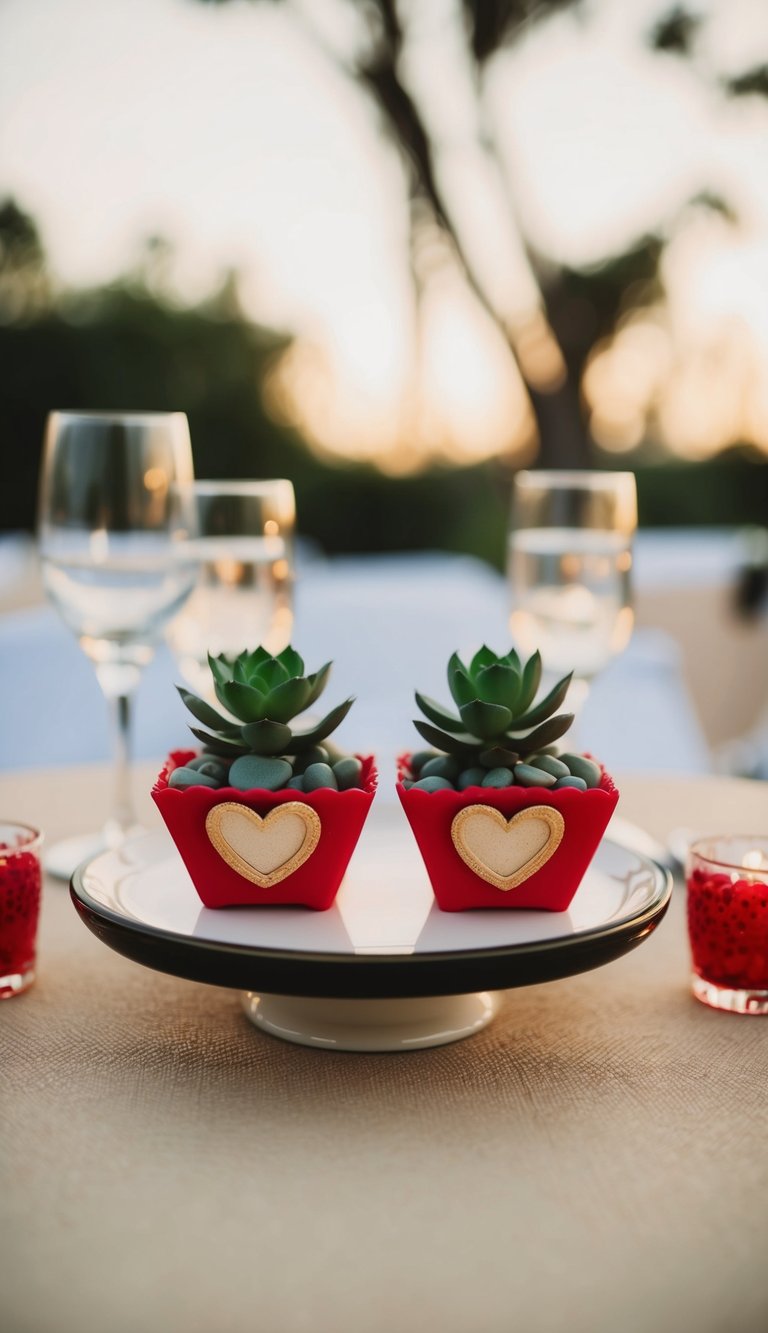 A small table set for two with mini succulent favors as romantic decor