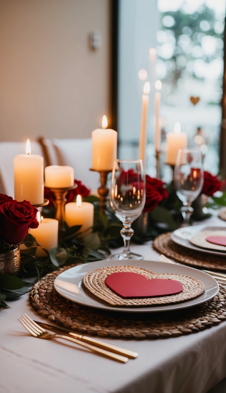 A table set for two with heart-shaped placemats, candlelight, and romantic decor