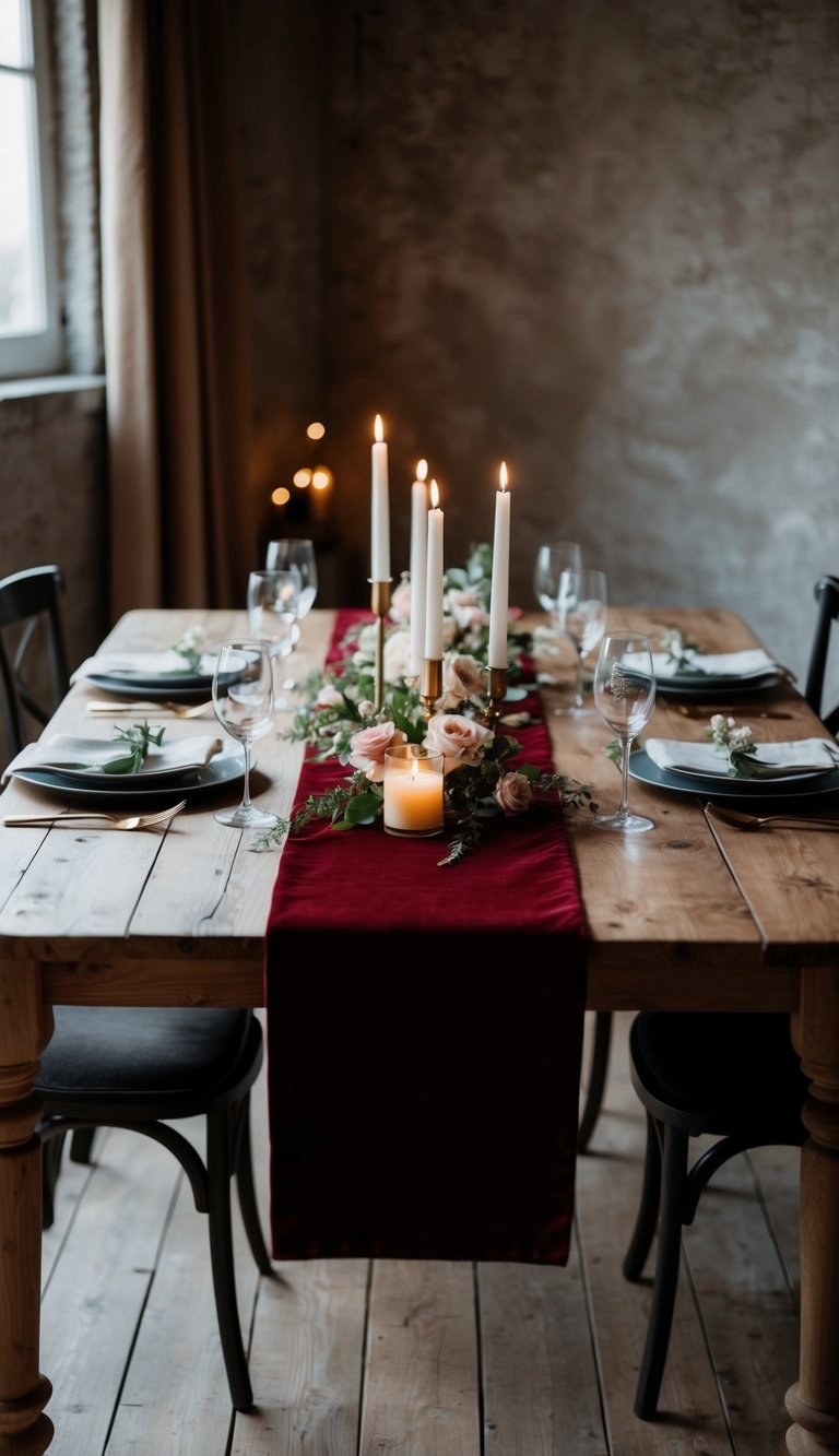 A rich velvet table runner drapes elegantly across a rustic wooden table set for an intimate dinner for two, adorned with soft candlelight and delicate floral arrangements