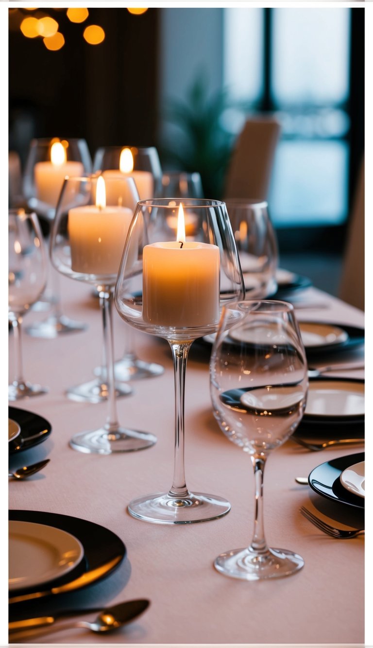 A table set with sleek glass holders, each containing a single, elegant candle, creating a warm and minimalist ambiance for a chic dinner party