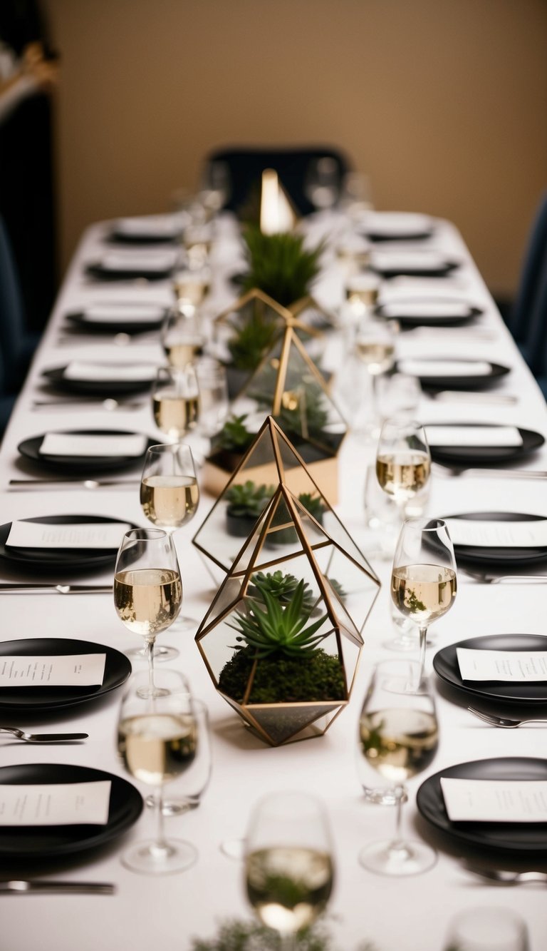 A sleek table adorned with modern geometric terrariums, set for an elegant dinner party