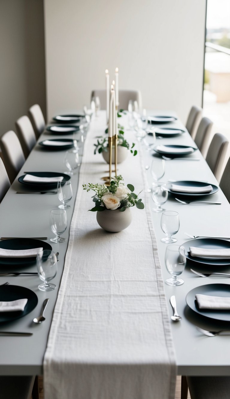 A long linen table runner laid across a sleek, modern dining table adorned with minimalist decor for a chic dinner party