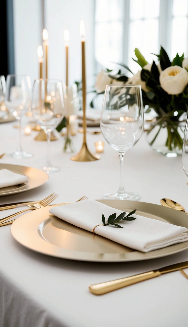 A sleek table setting with gold flatware, white linens, and minimalist decor for a chic dinner party