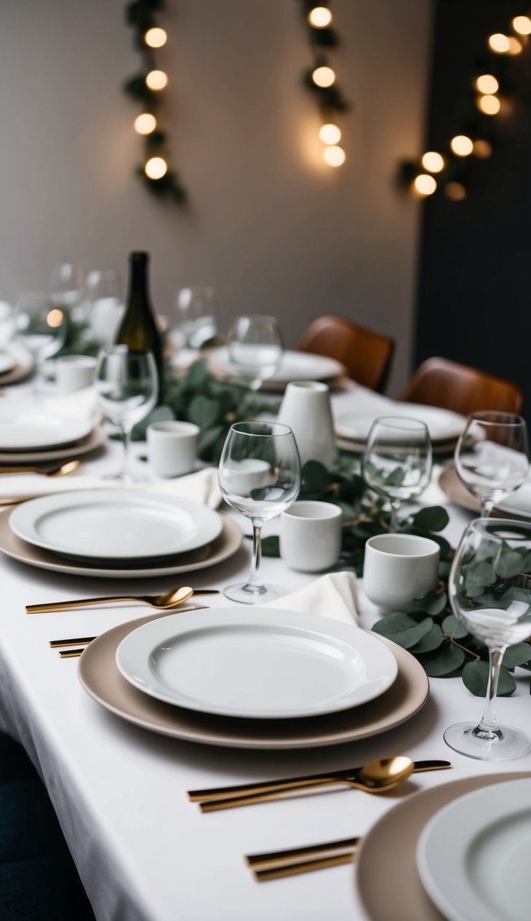 A table set with white porcelain plates, minimalist decor for a chic dinner party