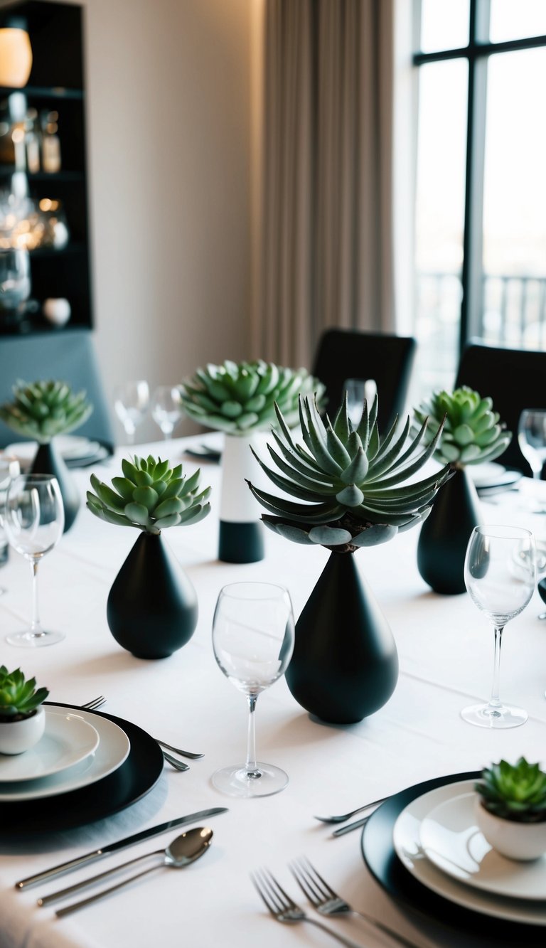 A sleek dining table adorned with minimalist succulent centerpieces in modern vases, creating a chic and elegant ambiance for a dinner party