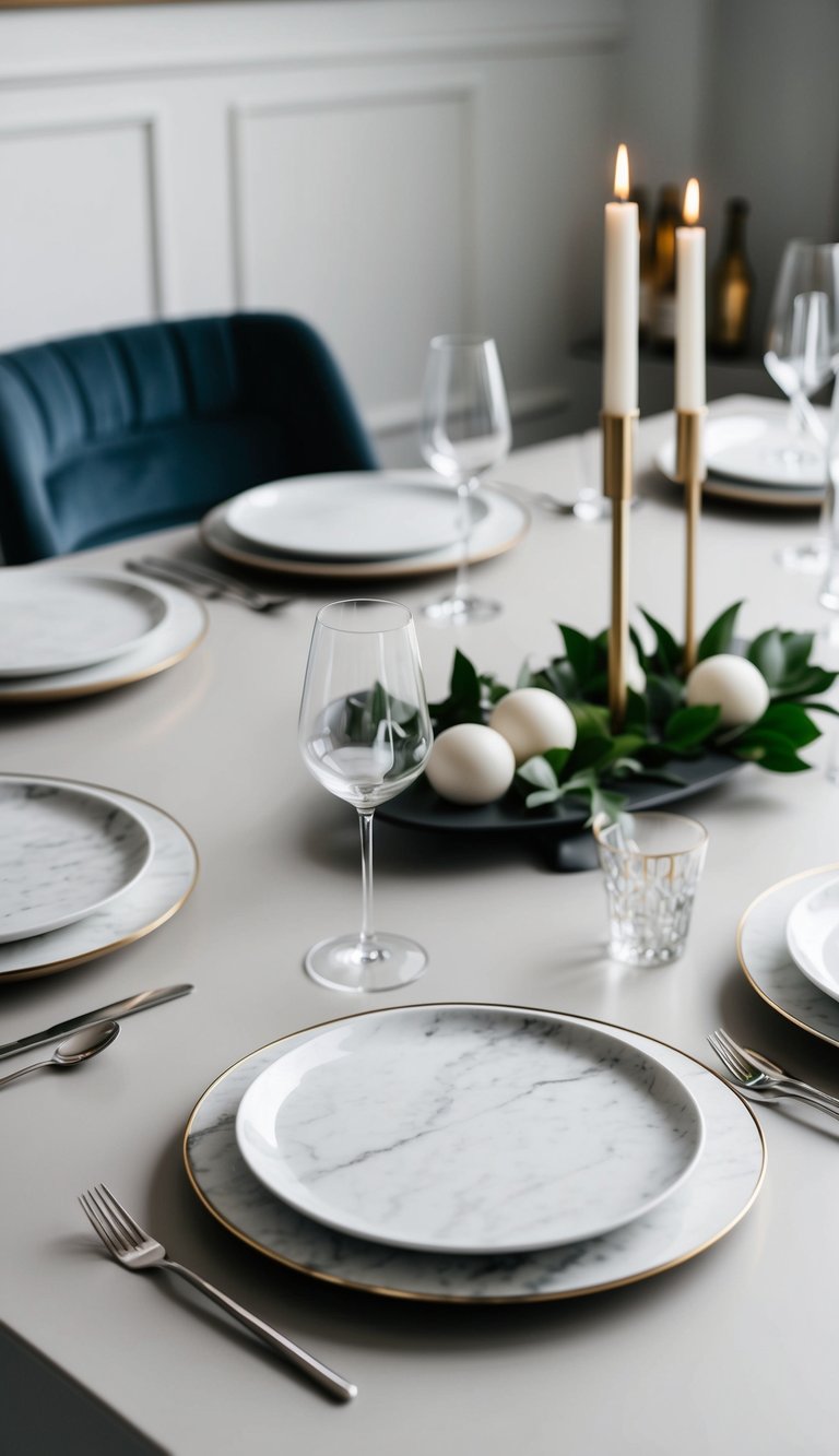 A sleek table set with marble coasters, minimalist decor, and elegant dinnerware for a chic dinner party