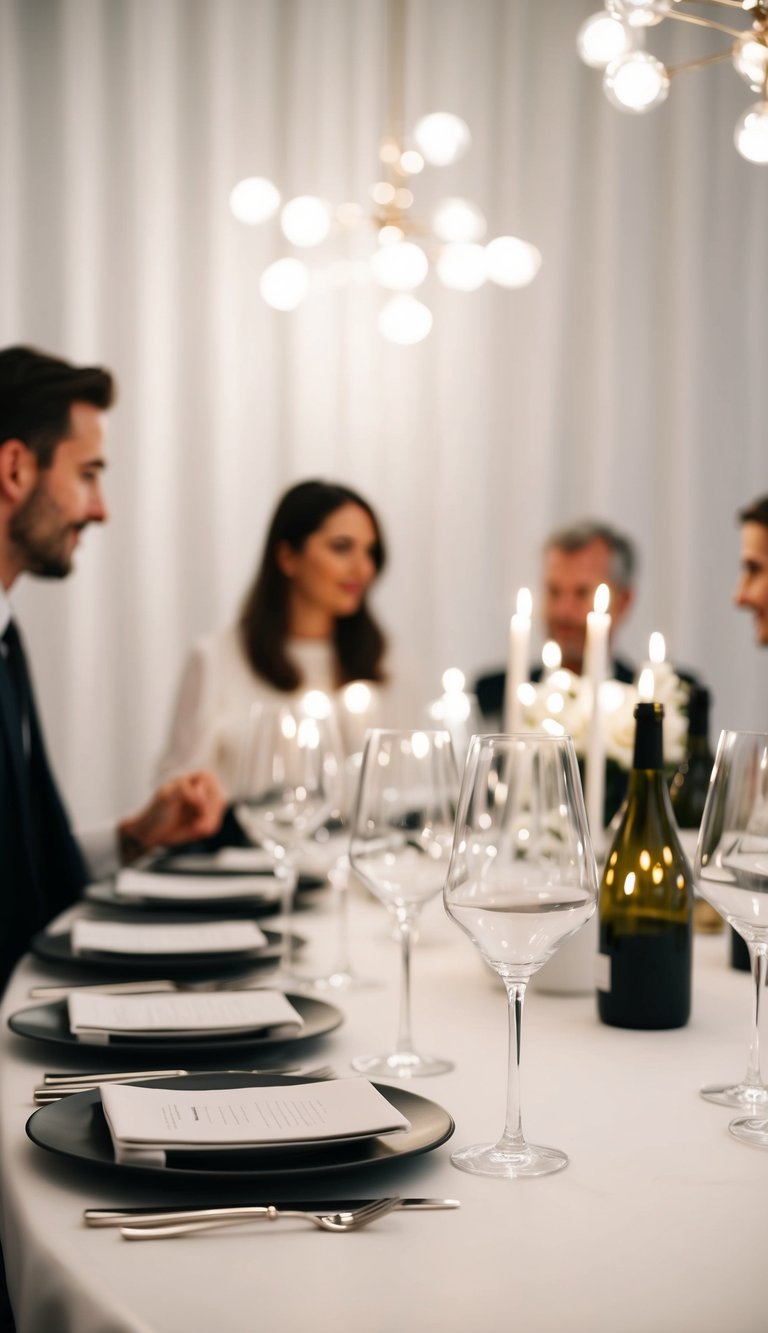 A sleek table set with crystal wine glasses, minimalist decor, and soft lighting for a chic dinner party