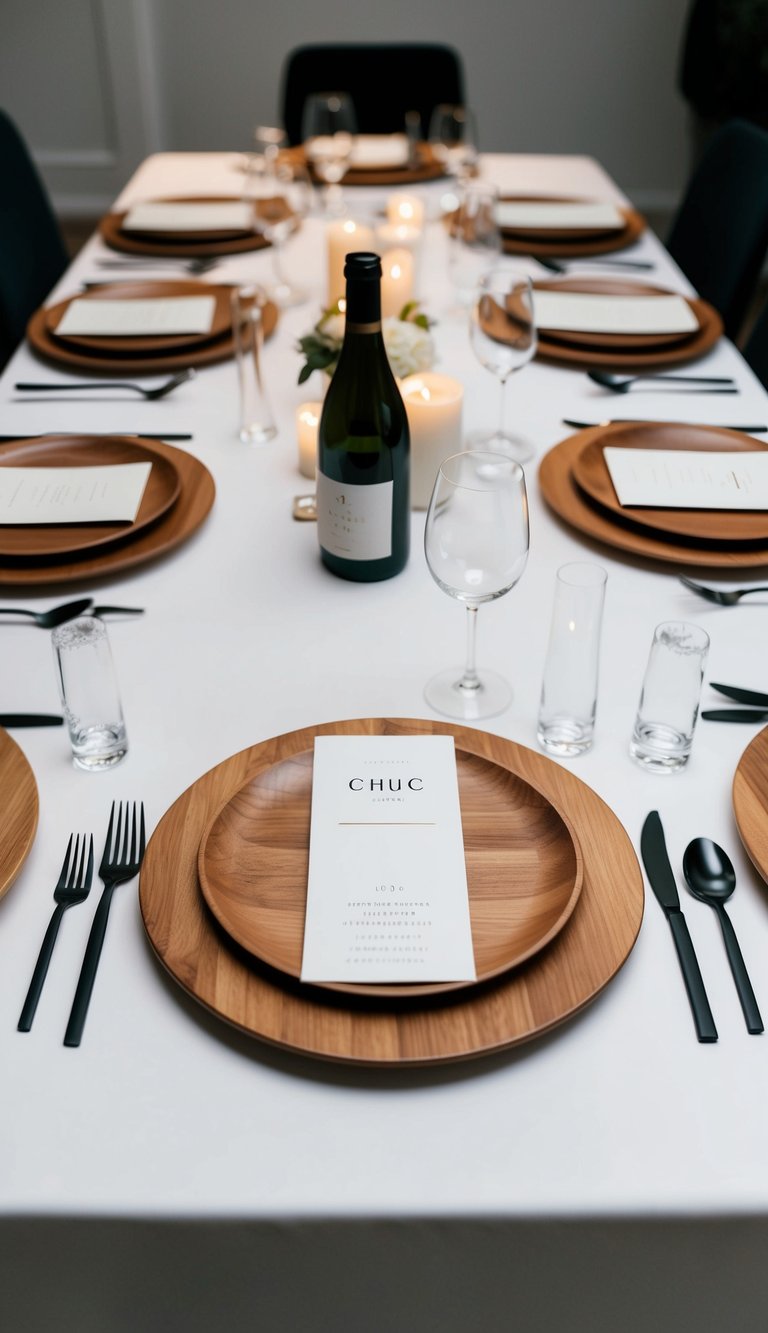 A table set with wooden charger plates, sleek cutlery, and minimalist decor for a chic dinner party