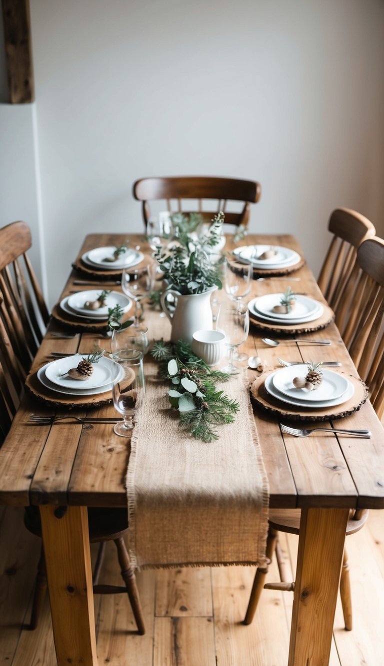 A wooden farmhouse table with a rustic burlap table runner, set with simple yet cozy tableware and decorations