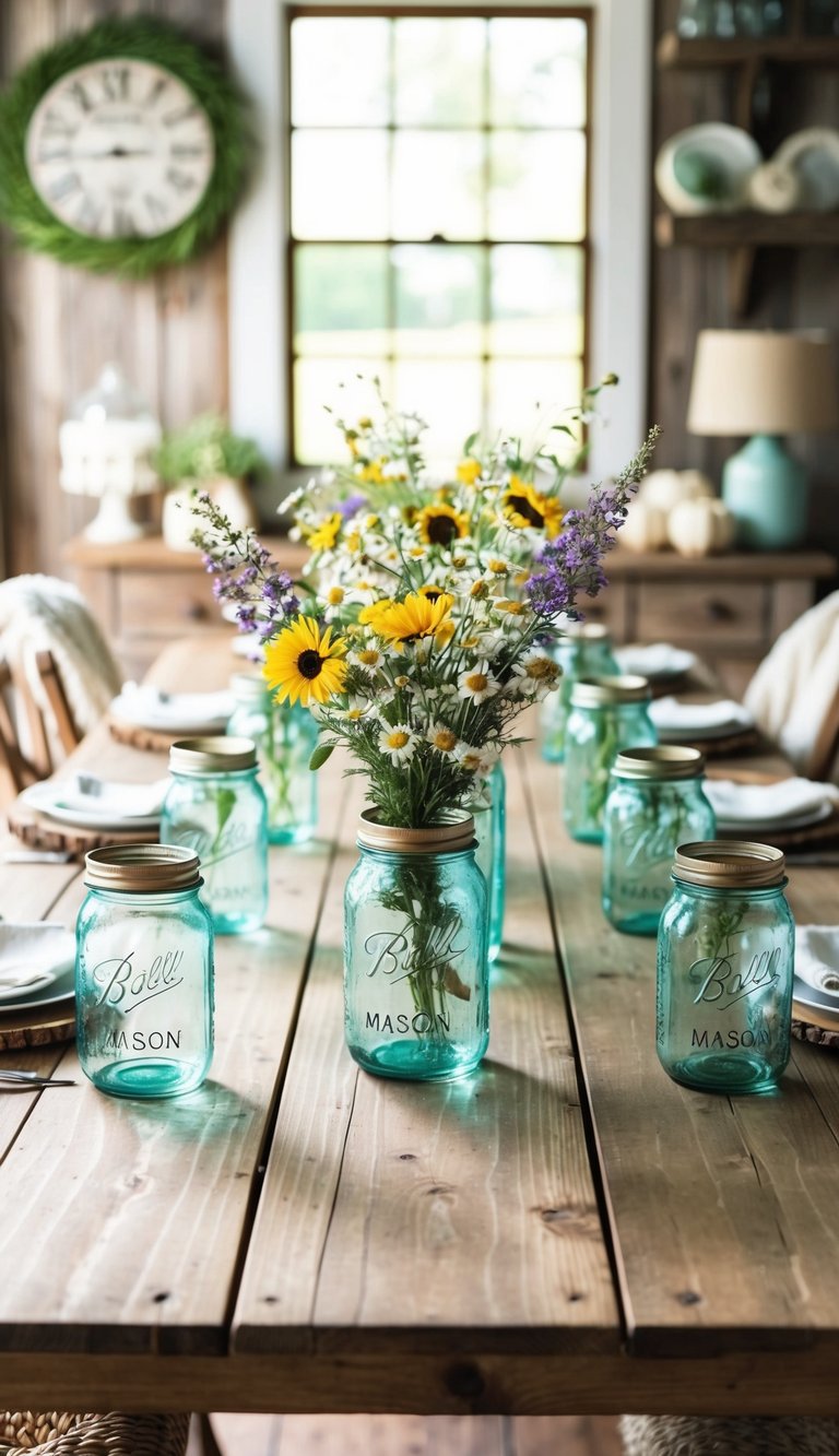 A rustic wooden farmhouse table adorned with vintage mason jar centerpieces, filled with wildflowers and surrounded by cozy, country-inspired decor