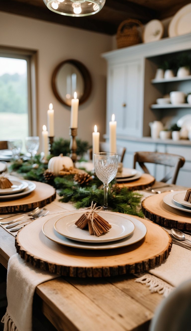A rustic farmhouse table set with handcrafted wooden chargers, adorned with cozy decor for a warm and inviting atmosphere