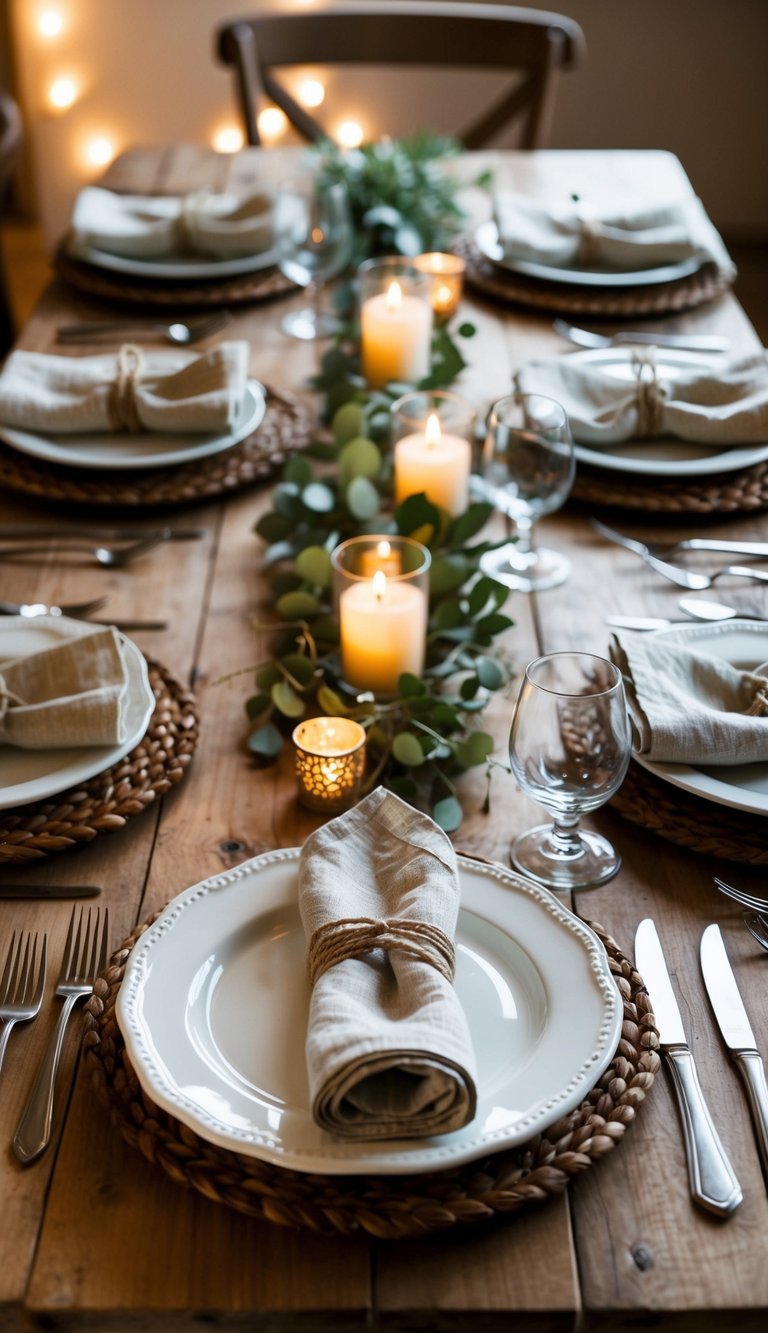 A rustic farmhouse table set with linen napkins tied with twine, surrounded by simple yet elegant tableware and warm lighting