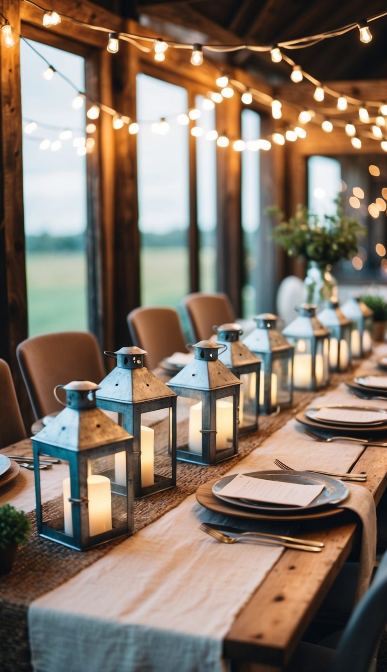 A rustic farmhouse table adorned with 10 galvanized metal lanterns, creating a cozy and inviting atmosphere