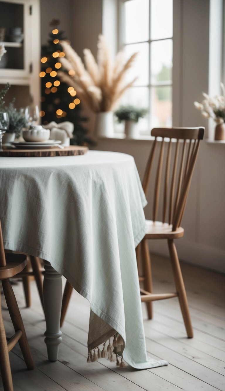A soft cotton tablecloth drapes over a farmhouse table set with cozy decor and rustic charm