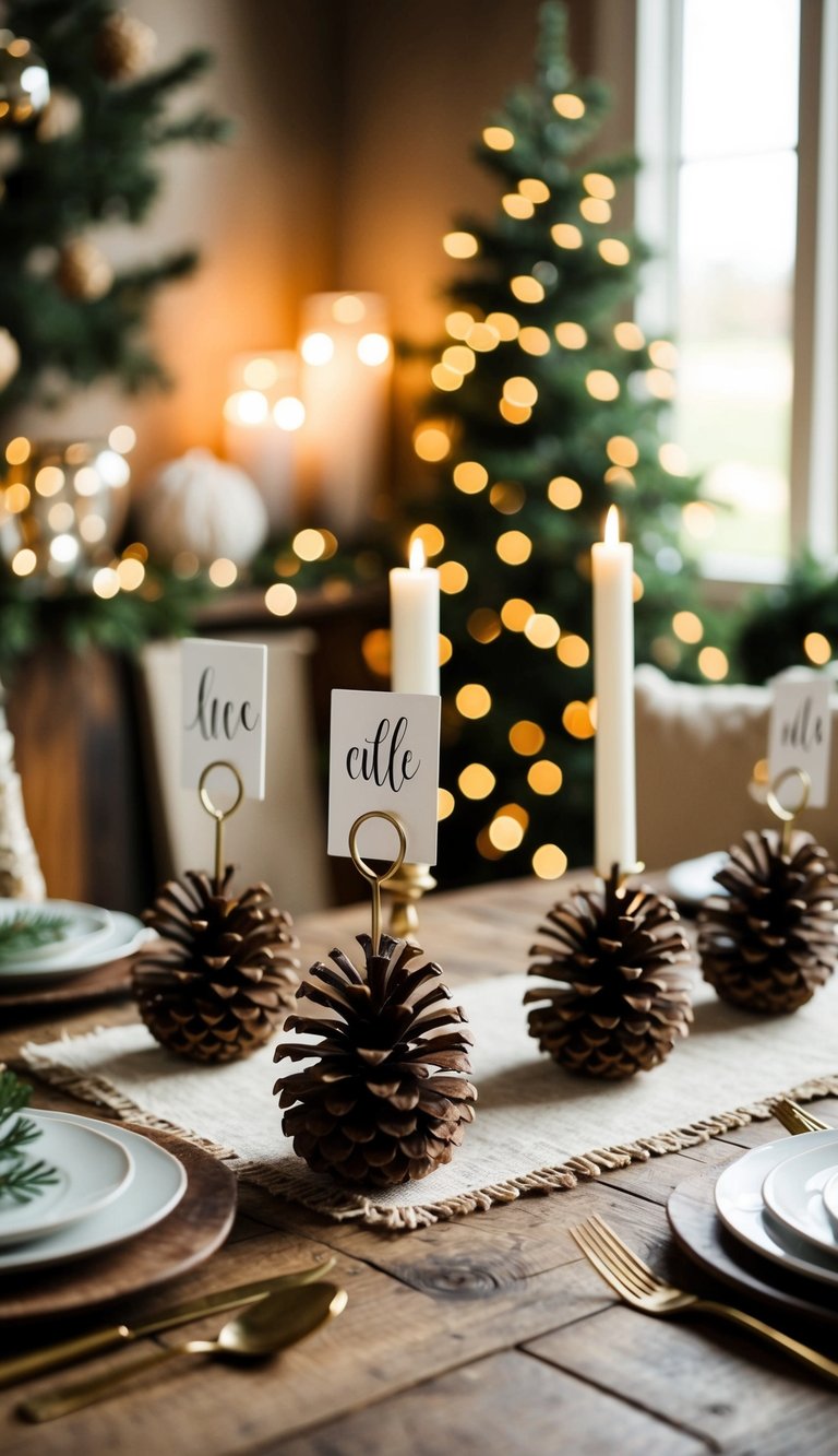 A rustic farmhouse table with pinecone name holders, surrounded by cozy decor and warm lighting