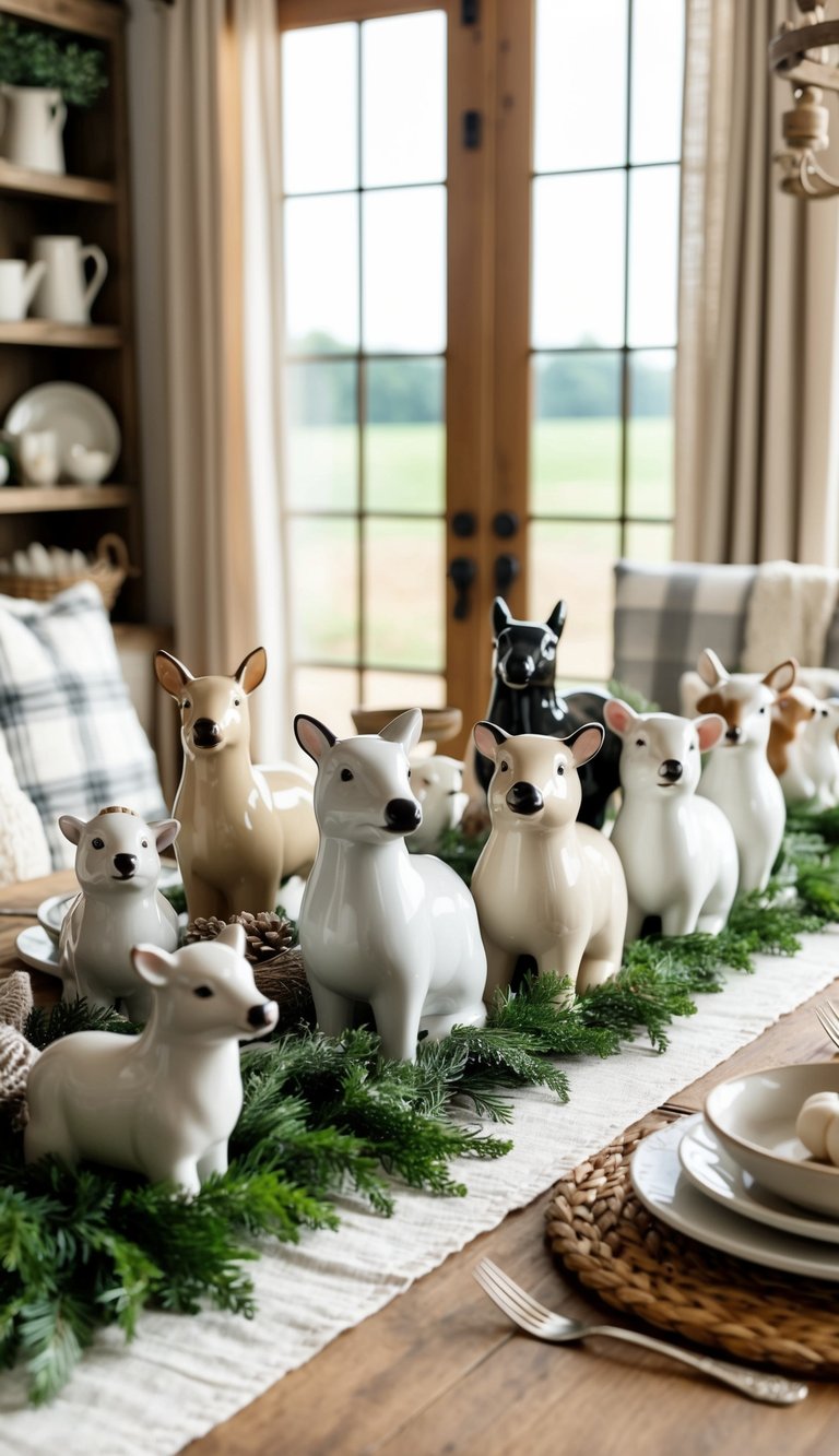 A farmhouse table adorned with ceramic farm animal figurines, surrounded by rustic decor and cozy accents
