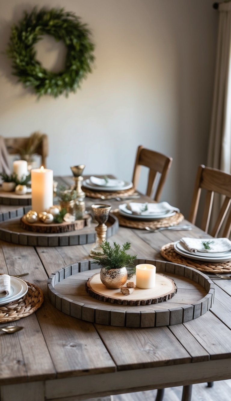 A rustic farmhouse table set with distressed wood serving trays, adorned with cozy decor for a warm and inviting atmosphere