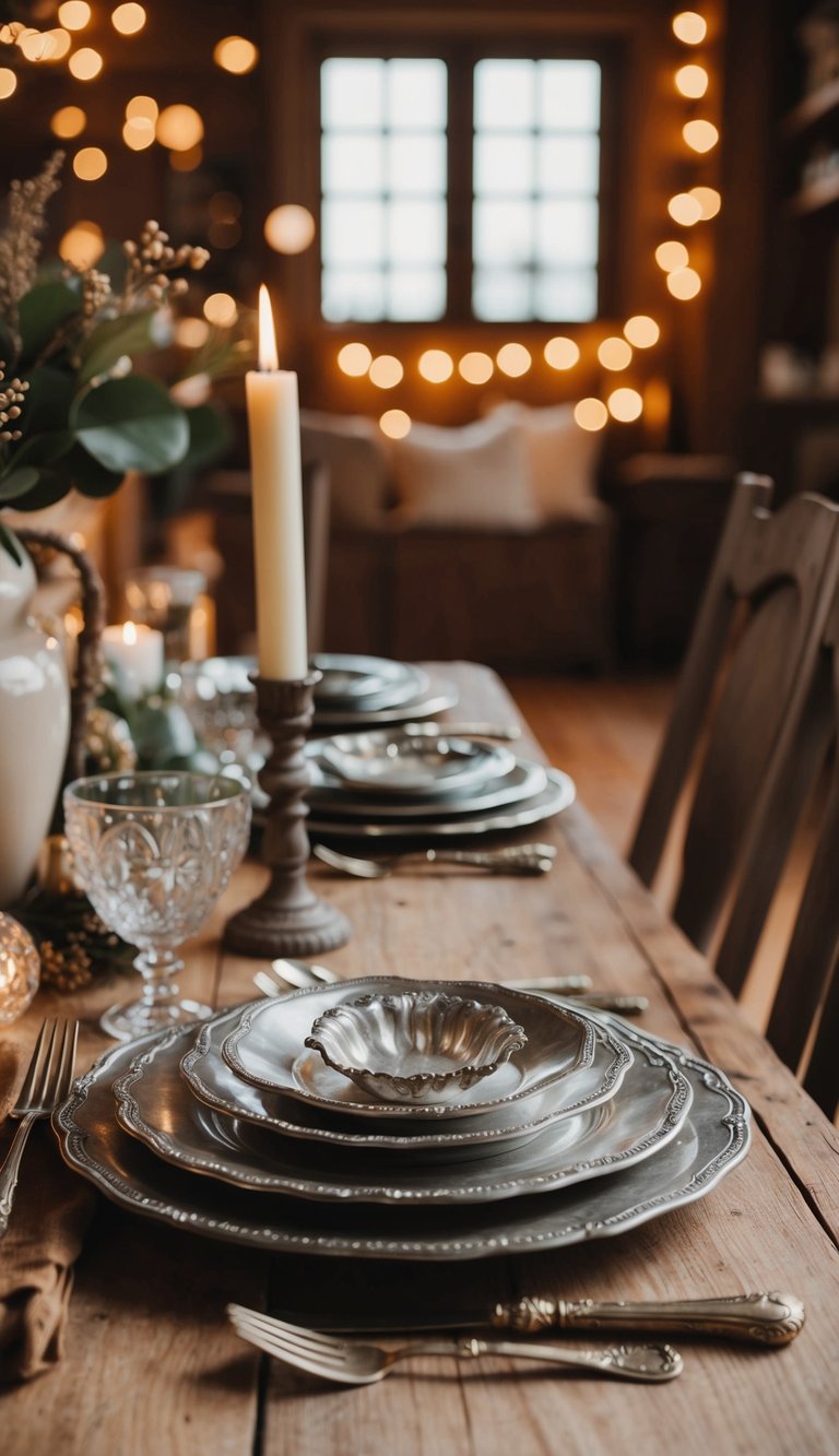 A rustic farmhouse table with an antique silverware set, surrounded by cozy, country-inspired decor and warm lighting