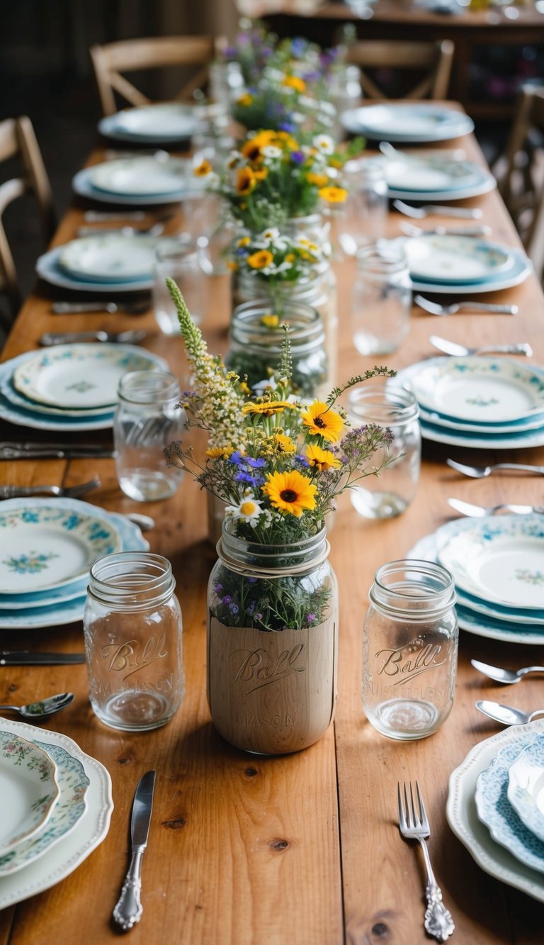 A wooden table set with 10 rustic mason jar centerpieces filled with wildflowers, surrounded by vintage table settings including mismatched china, antique silverware, and lace napkins
