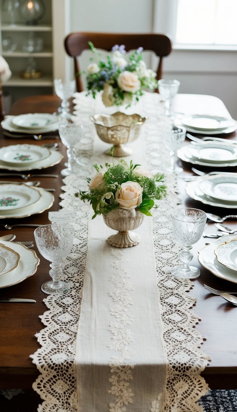 A vintage lace table runner adorns a table set with antique dishes, silverware, and delicate glassware