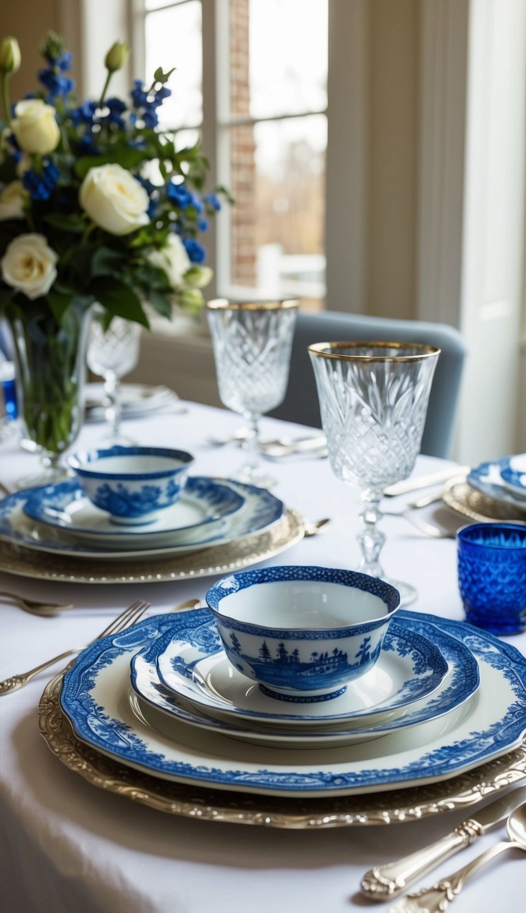 A table set with Classic Blue Willow China, vintage silverware, and elegant glassware