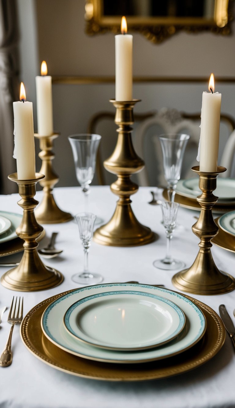 A dining table set with retro brass candlesticks, vintage plates, and cutlery arranged in a classic table setting