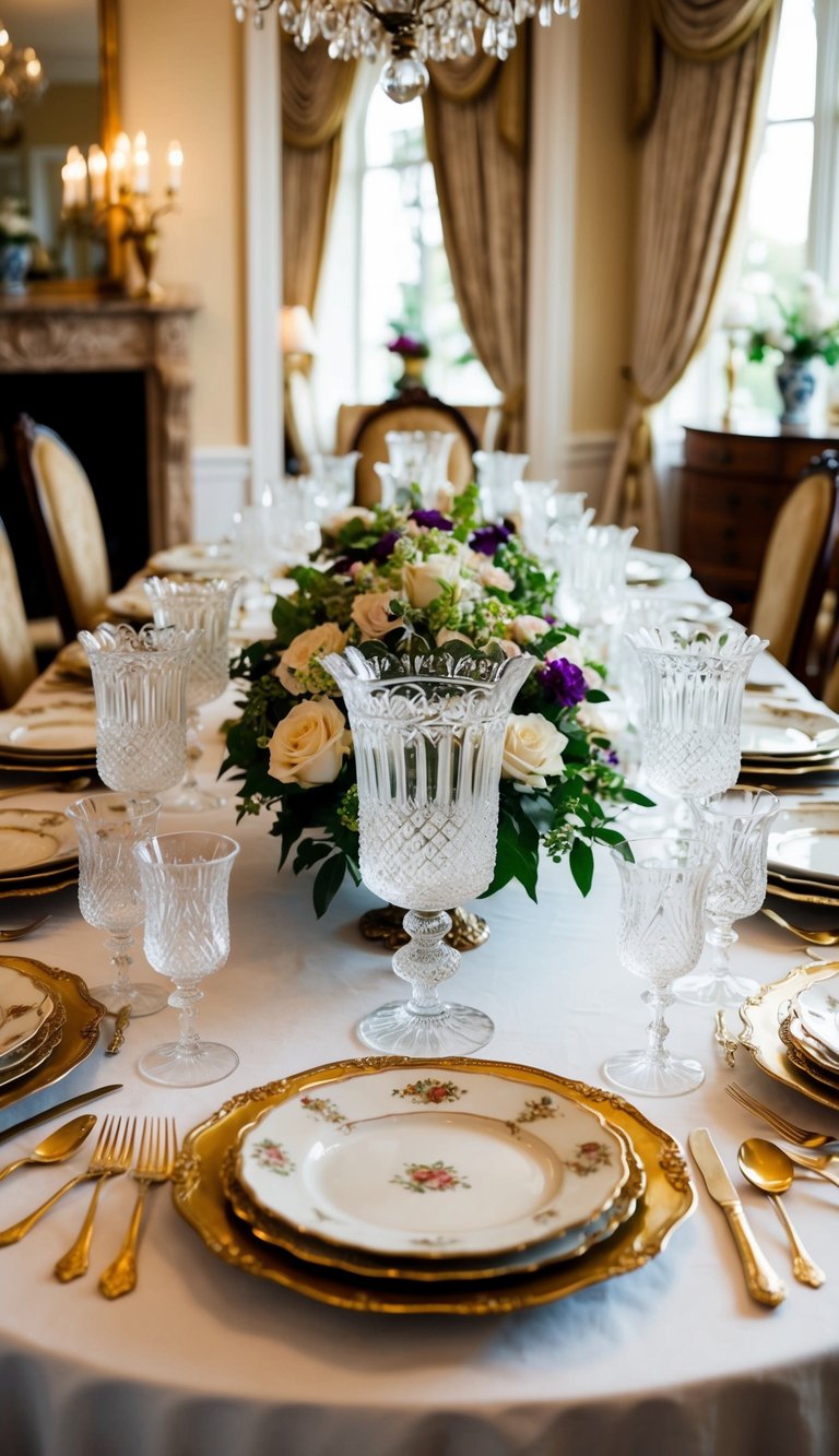 A grand dining table set with ornate Victorian crystal glassware, surrounded by vintage table settings in a luxurious home setting