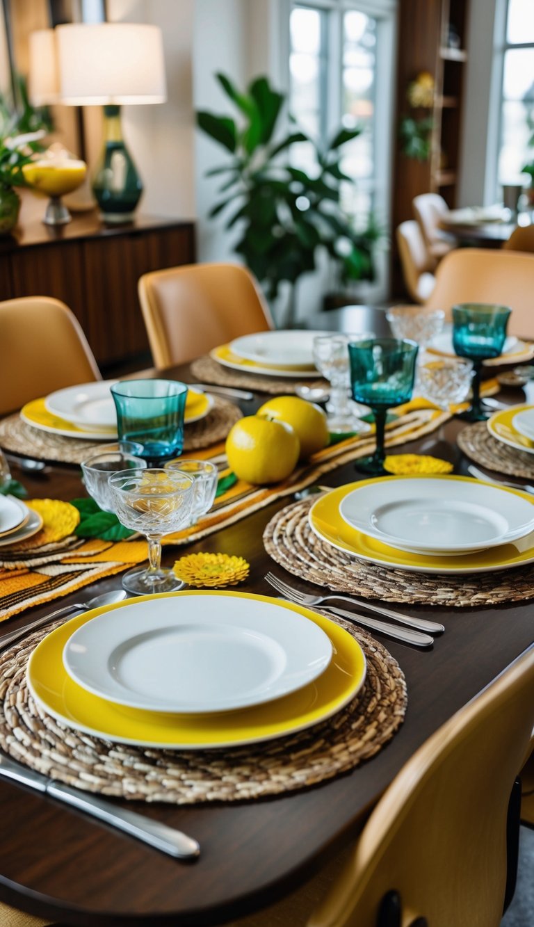 A dining table set with vintage mid-century modern placemats, dishes, and silverware in a stylish and retro-inspired arrangement