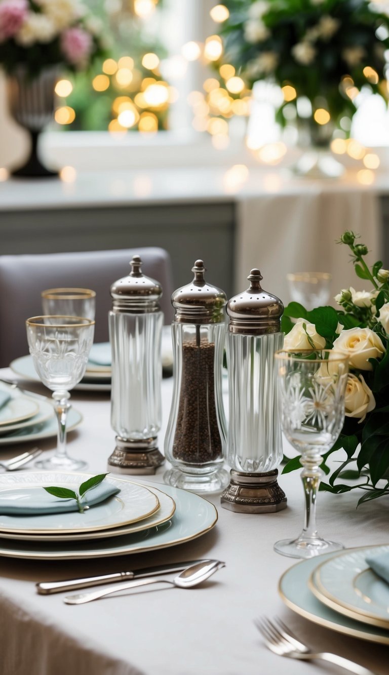 A dining table set with vintage Art Deco salt and pepper shakers, along with other elegant table settings, ready for a home recreation
