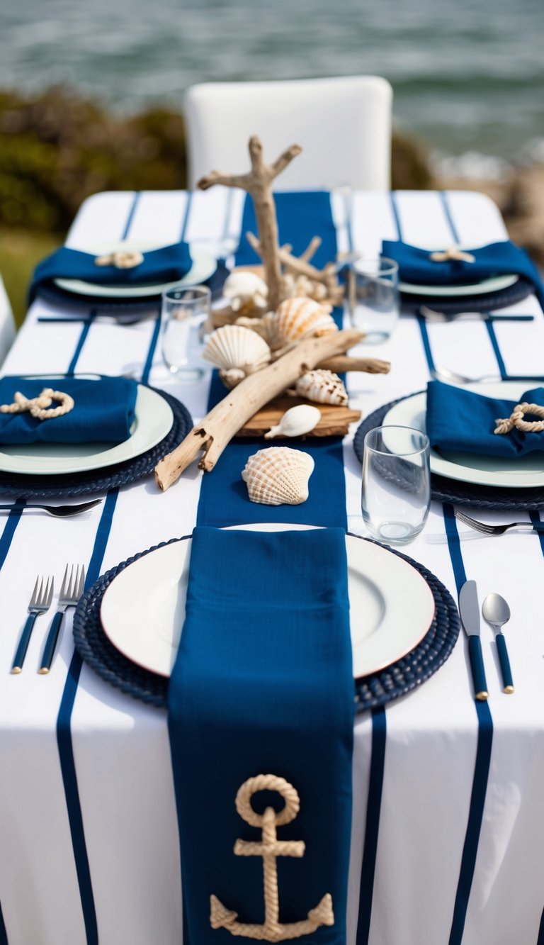A table set with nautical decor: a blue and white striped tablecloth, a centerpiece of seashells and driftwood, anchor-shaped napkin holders, and sailor's knot coasters