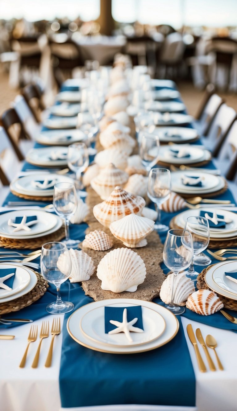 A table set with seashell centerpieces, surrounded by nautical-themed decor