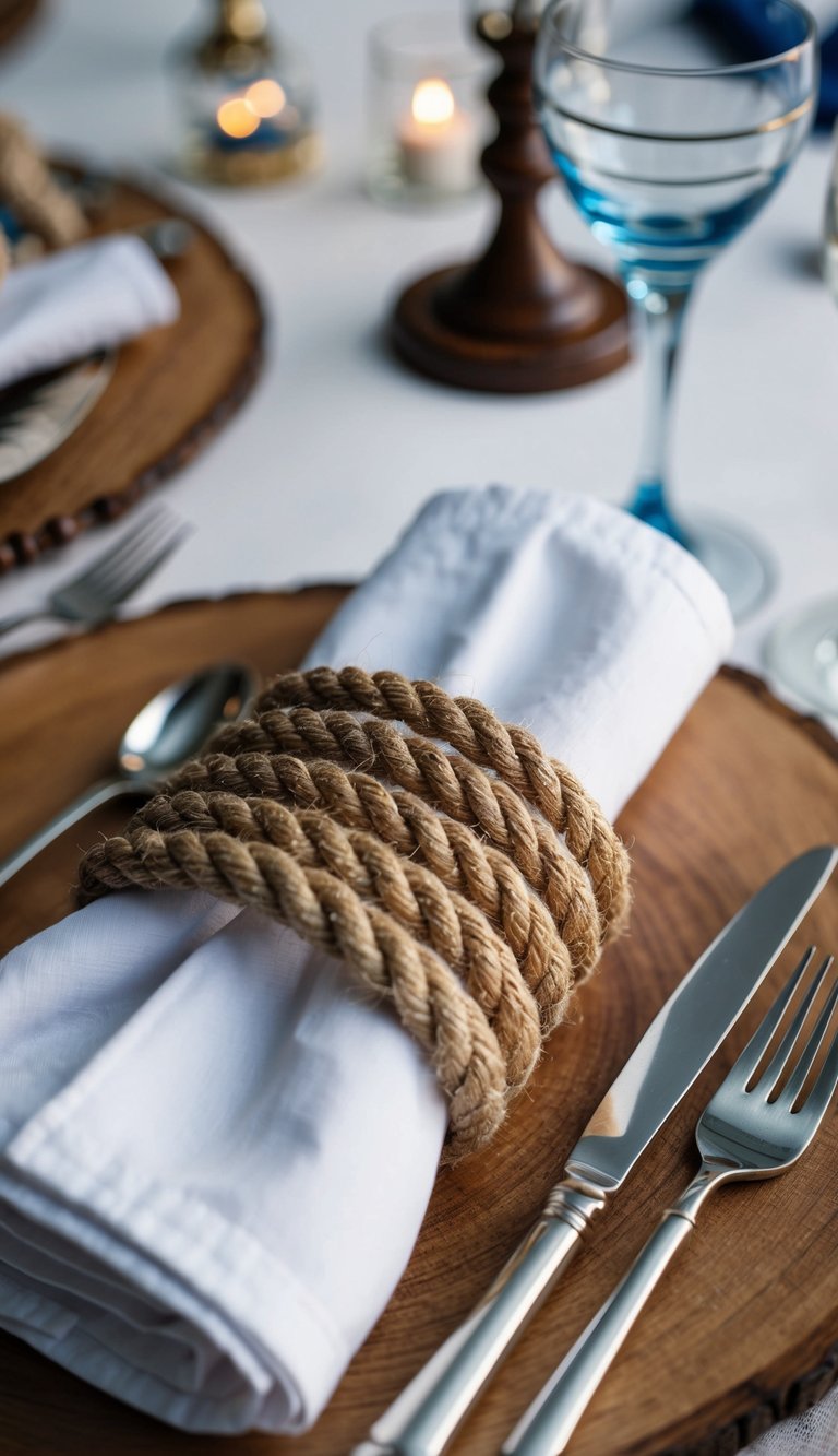 A table set with nautical-themed napkin rings made of rope, alongside other maritime decor items