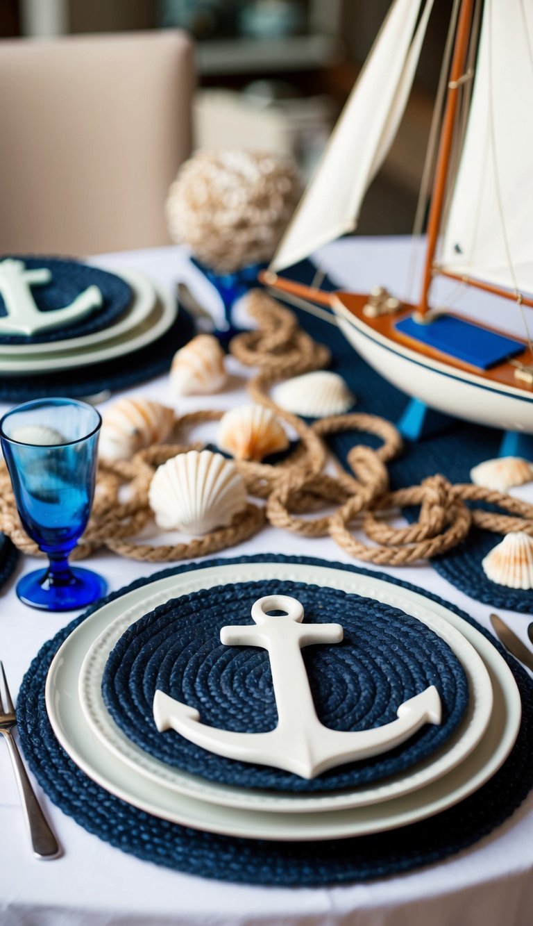 A table set with anchor-themed placemats, surrounded by nautical decor including shells, ropes, and a model sailboat