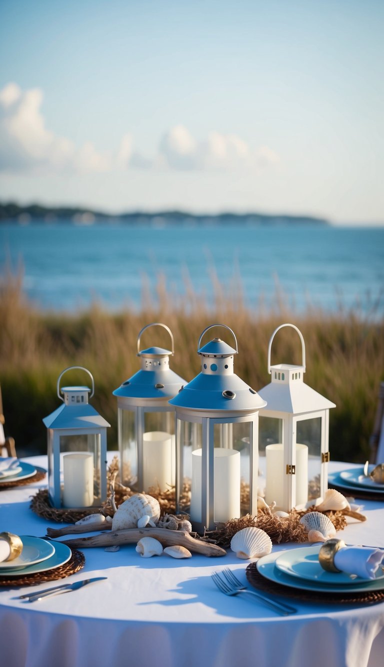 A table adorned with nautical-themed lanterns, seashells, and driftwood, set against a backdrop of a serene seaside landscape