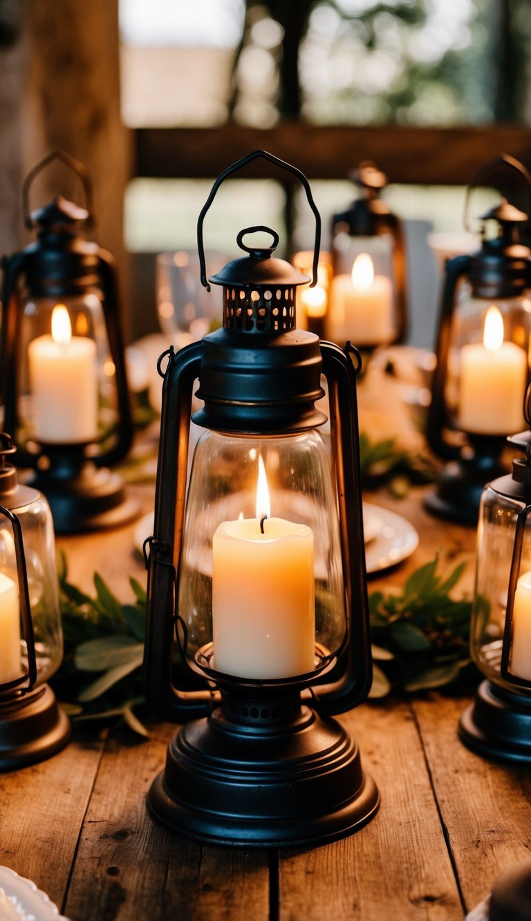 A rustic table adorned with antique lanterns, each holding a flickering candle, creating a warm and inviting centerpiece