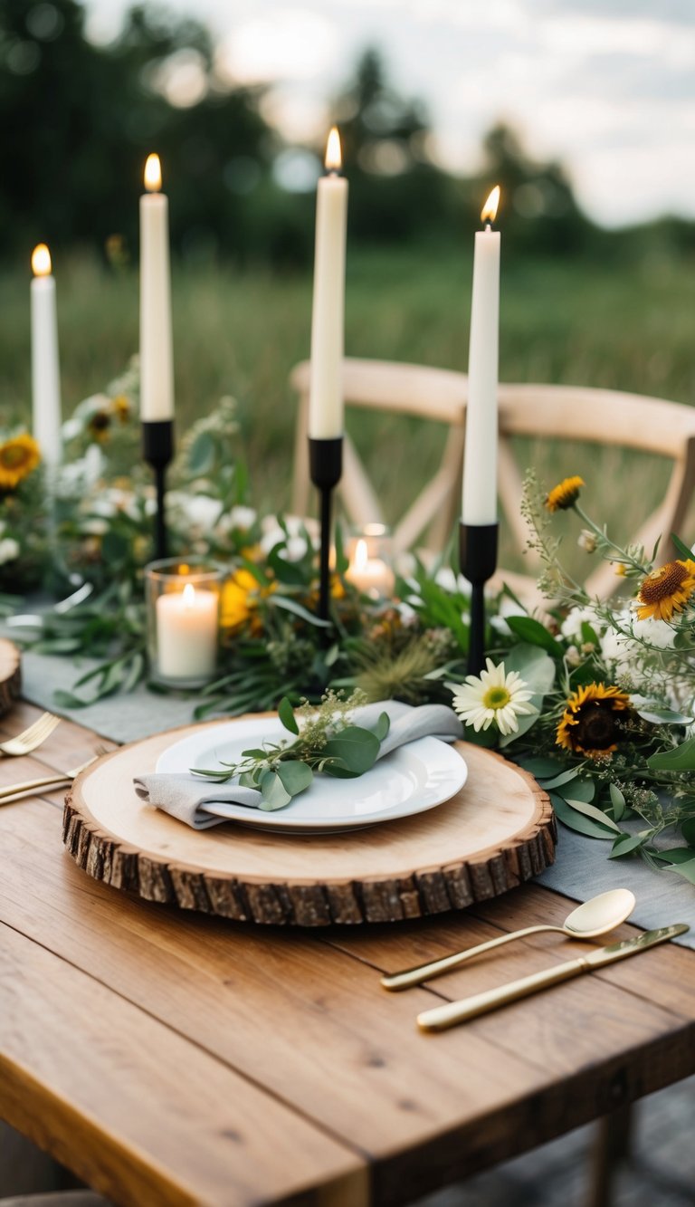 A wooden table adorned with rustic wood slice chargers, surrounded by natural elements like greenery, candles, and wildflowers