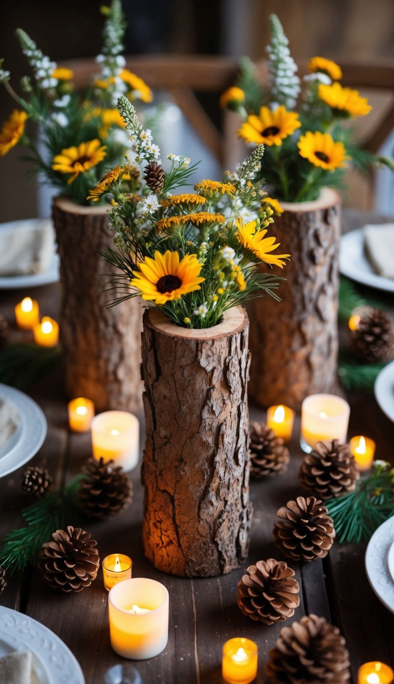 A rustic table centerpiece featuring hollowed log vases filled with wildflowers and surrounded by scattered pinecones and flickering tea lights