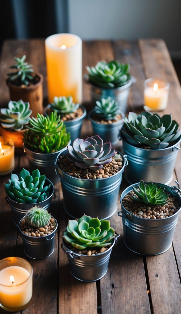 Galvanized buckets filled with various types of succulents arranged on a wooden table, surrounded by rustic decor and soft candlelight