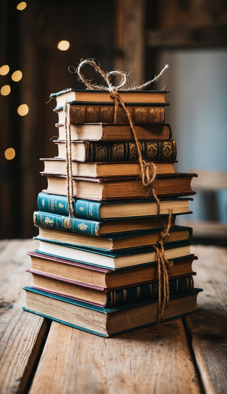 A wooden table adorned with stacks of vintage books tied together with twine, creating a rustic and charming centerpiece